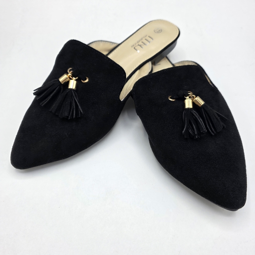 Musshoe Black Mules Suede Memory Foam Tassels 7.5 Backless Slip-on Slides Preown